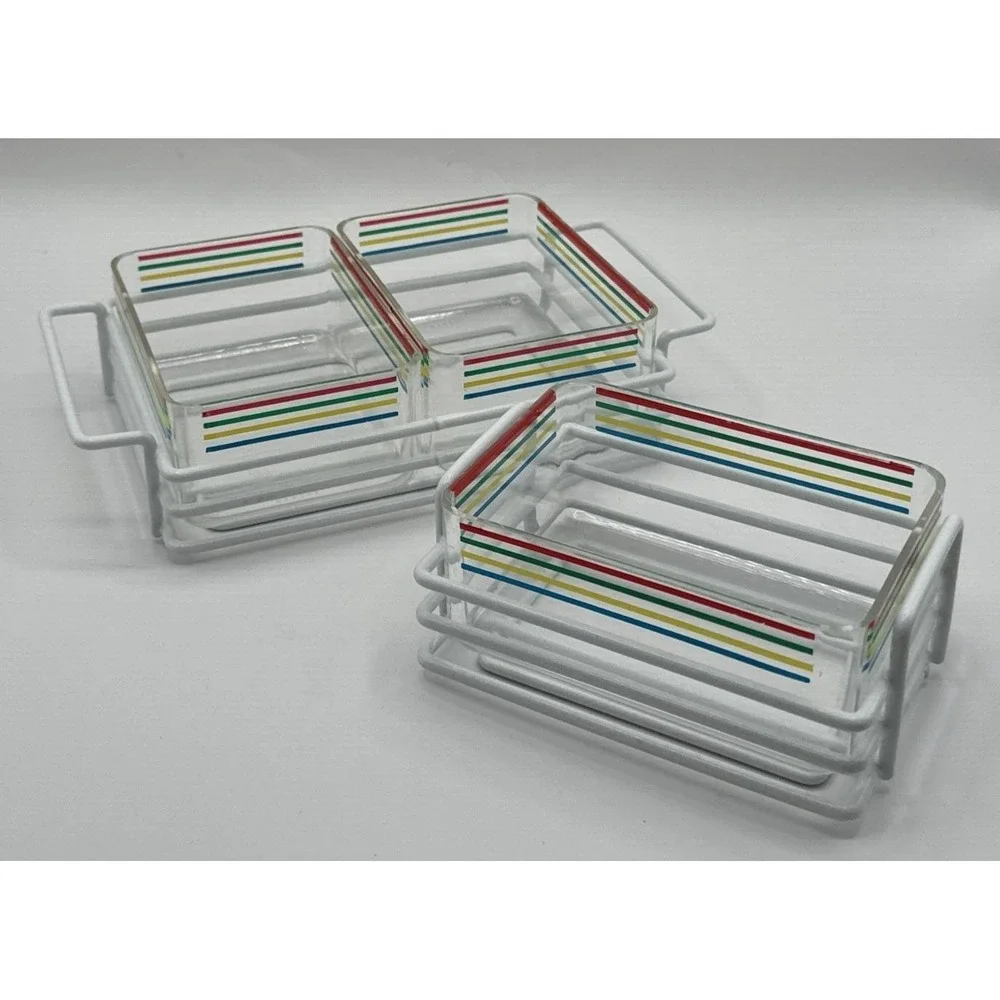 Vintage 80s Case Buffet Ware Acrylic Serving Trays‎ Striped Color Napkins Set